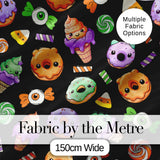 Cute Halloween Sweet Donut Ice Cream Candy Black Background Seamless Pattern Digital Print Fabric by the Metre UK Sewing Quilting Textile