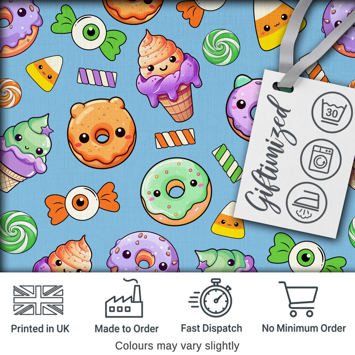 Cute Halloween Sweet Donut Ice Cream Candy Blue Background Seamless Pattern Digital Print Fabric by the Metre UK Sewing Quilting Textile