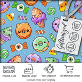 Cute Halloween Sweet Donut Ice Cream Candy Blue Background Seamless Pattern Digital Print Fabric by the Metre UK Sewing Quilting Textile