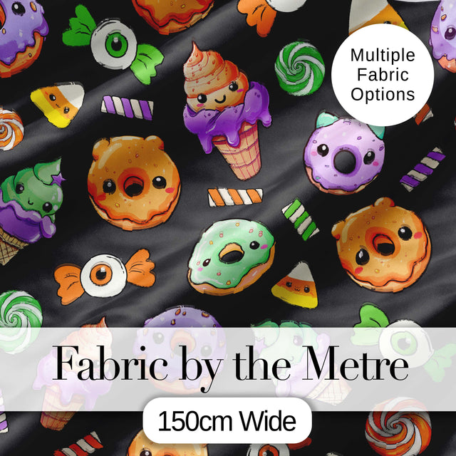 Cute Halloween Sweet Donut Ice Cream Candy Grey Background Seamless Pattern Digital Print Fabric by the Metre UK Sewing Quilting Textile