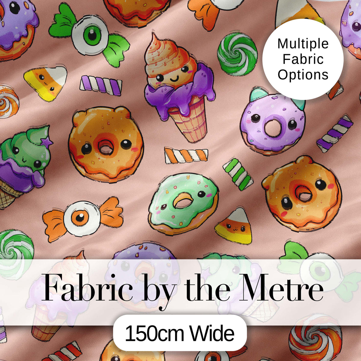 Cute Halloween Sweet Donut Ice Cream Candy Beige Background Seamless Pattern Digital Print Fabric by the Metre UK Sewing Quilting Textile