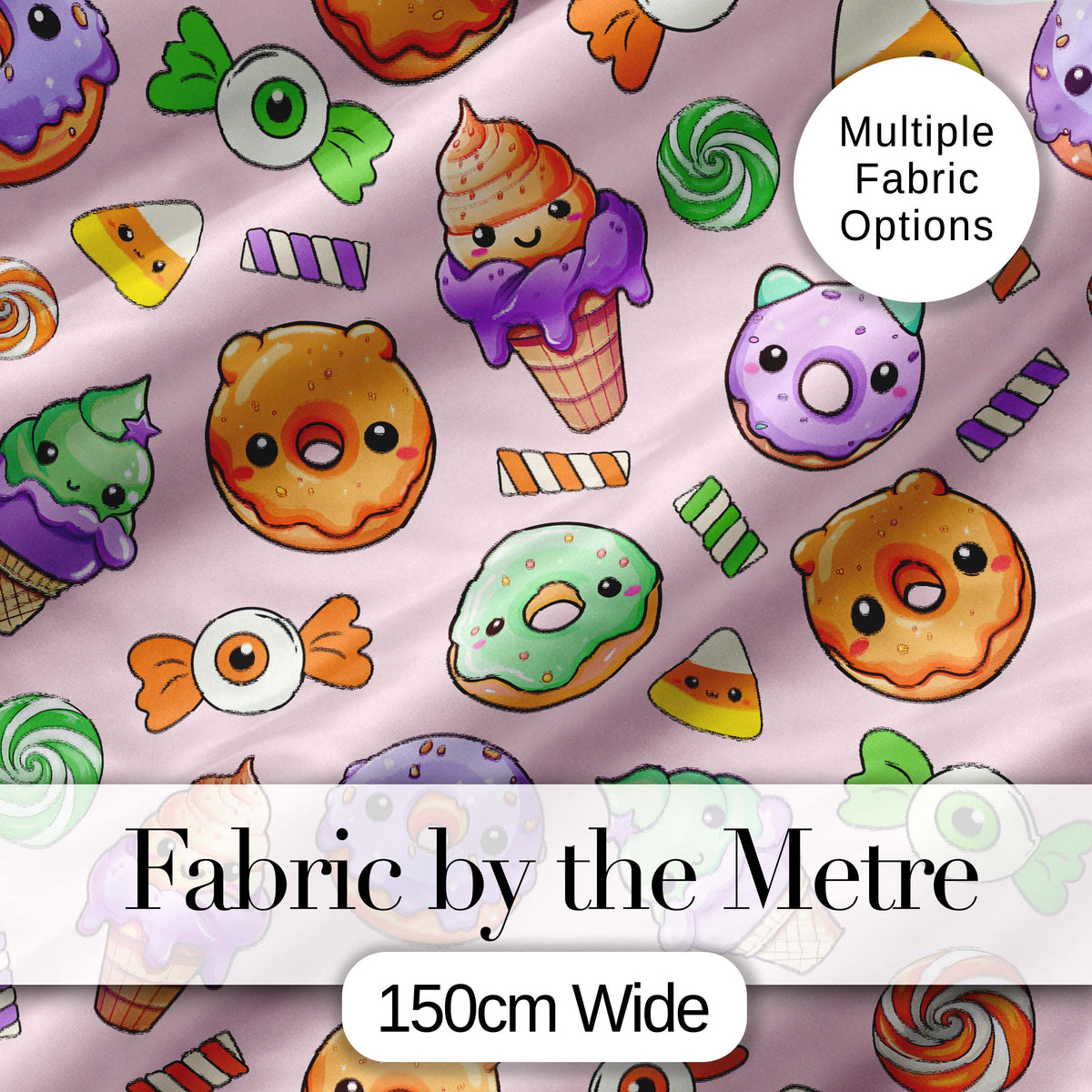 Cute Halloween Donut Candy Ice Cream Kawaii Seamless Pattern Blush Background Digital Print Fabric by the Metre UK Sewing Quilting Textile