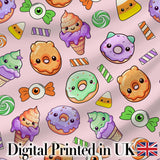Cute Halloween Donut Candy Ice Cream Kawaii Seamless Pattern Blush Background Digital Print Fabric by the Metre UK Sewing Quilting Textile