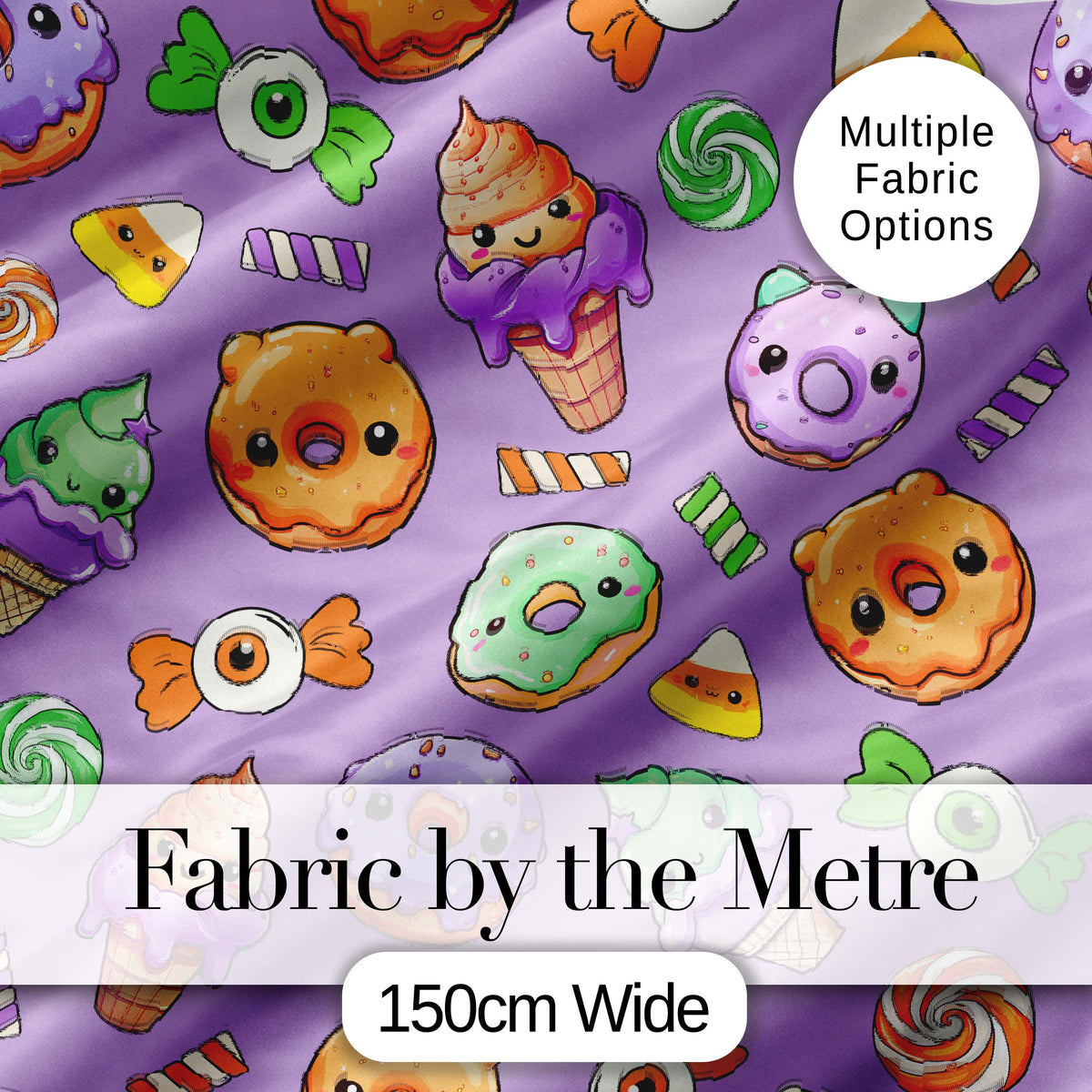 Cute Halloween Donut Candy Ice Cream Kawaii Seamless Pattern Purple Background Digital Print Fabric by the Metre UK Sewing Quilting Textile