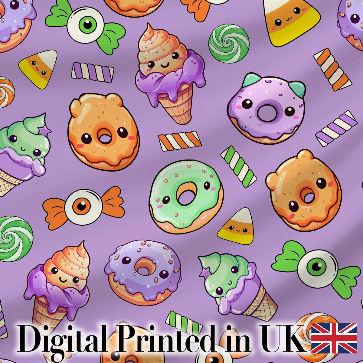Cute Halloween Donut Candy Ice Cream Kawaii Seamless Pattern Purple Background Digital Print Fabric by the Metre UK Sewing Quilting Textile