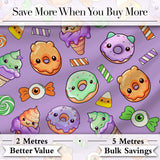 Cute Halloween Donut Candy Ice Cream Kawaii Seamless Pattern Purple Background Digital Print Fabric by the Metre UK Sewing Quilting Textile