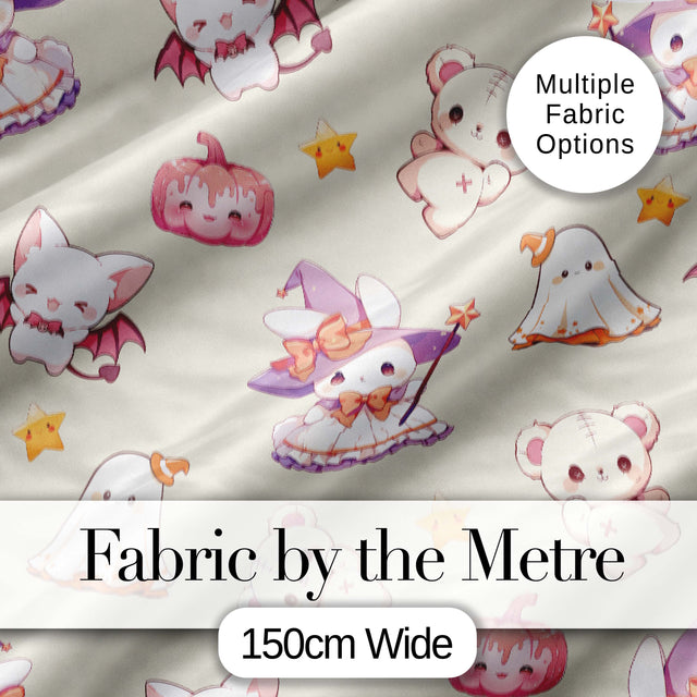 Cute Halloween Bunny Witch  Teddy Pumpkin Seamless Pattern Cream Background Digital Print Fabric by the Metre UK Sewing Quilting Textile