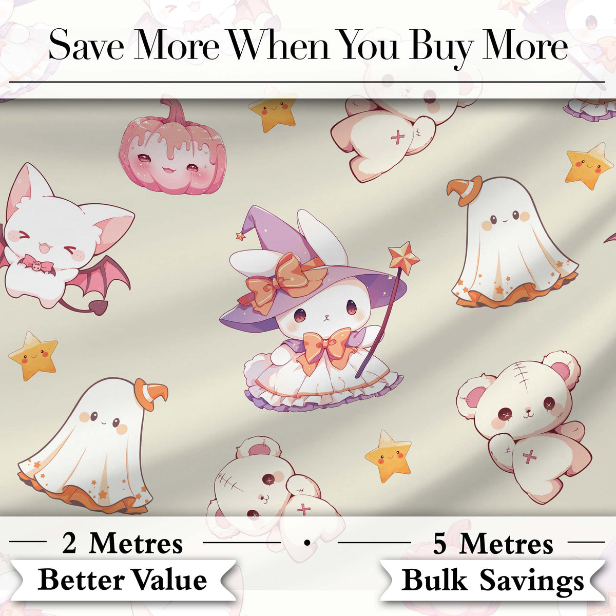 Cute Halloween Bunny Witch  Teddy Pumpkin Seamless Pattern Cream Background Digital Print Fabric by the Metre UK Sewing Quilting Textile