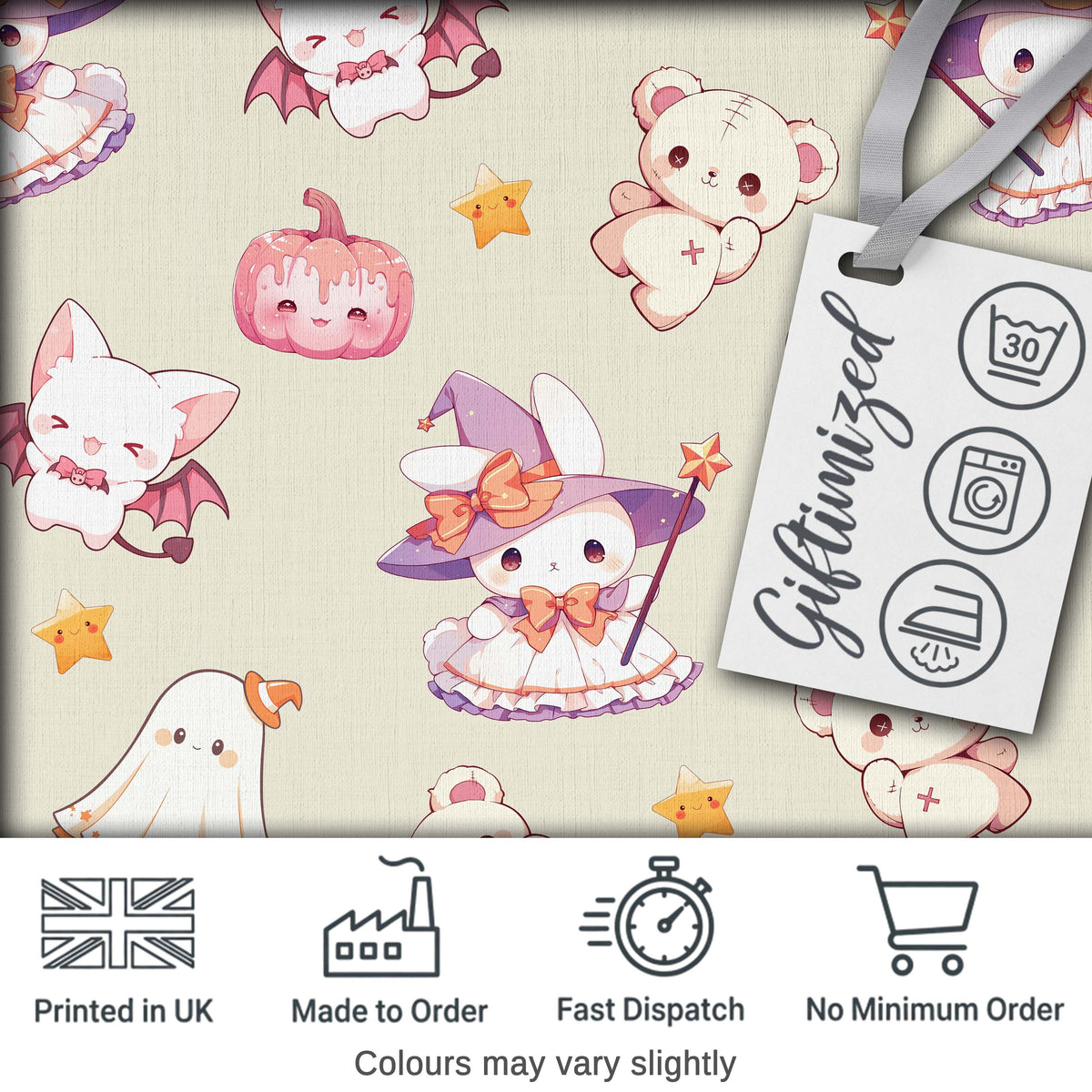 Cute Halloween Bunny Witch  Teddy Pumpkin Seamless Pattern Cream Background Digital Print Fabric by the Metre UK Sewing Quilting Textile