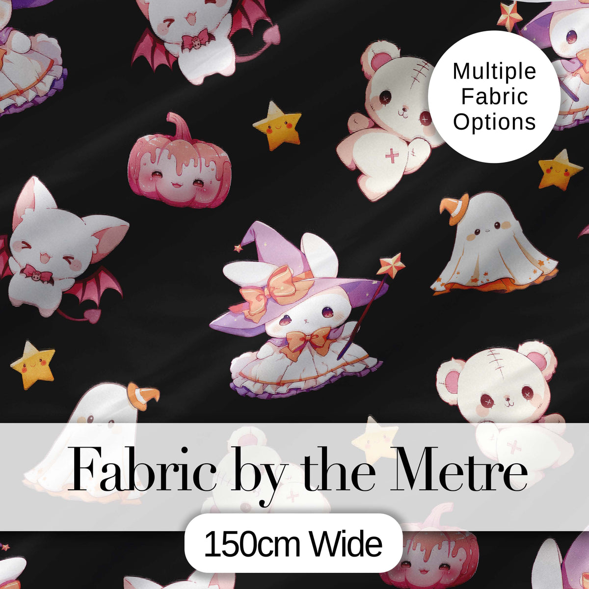 Cute Halloween Bunny Witch  Teddy Pumpkin Seamless Pattern Black Background Digital Print Fabric by the Metre UK Sewing Quilting Textile