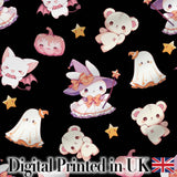 Cute Halloween Bunny Witch  Teddy Pumpkin Seamless Pattern Black Background Digital Print Fabric by the Metre UK Sewing Quilting Textile