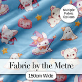 Cute Halloween Bunny Witch Ghost Teddy Pumpkin Seamless Pattern Blue Background Digital Print Fabric by the Metre UK Sewing Quilting Textile