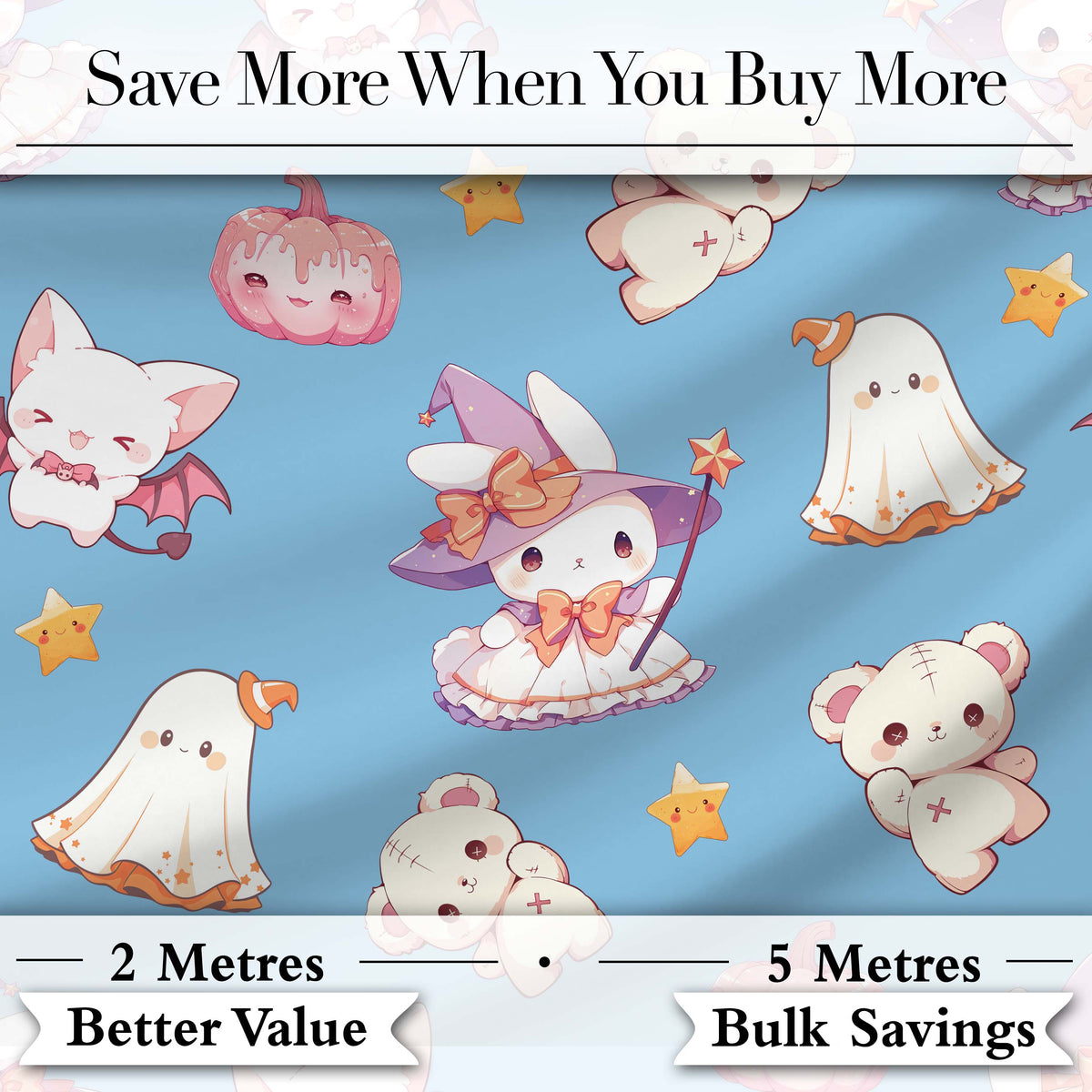 Cute Halloween Bunny Witch Ghost Teddy Pumpkin Seamless Pattern Blue Background Digital Print Fabric by the Metre UK Sewing Quilting Textile