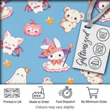 Cute Halloween Bunny Witch Ghost Teddy Pumpkin Seamless Pattern Blue Background Digital Print Fabric by the Metre UK Sewing Quilting Textile