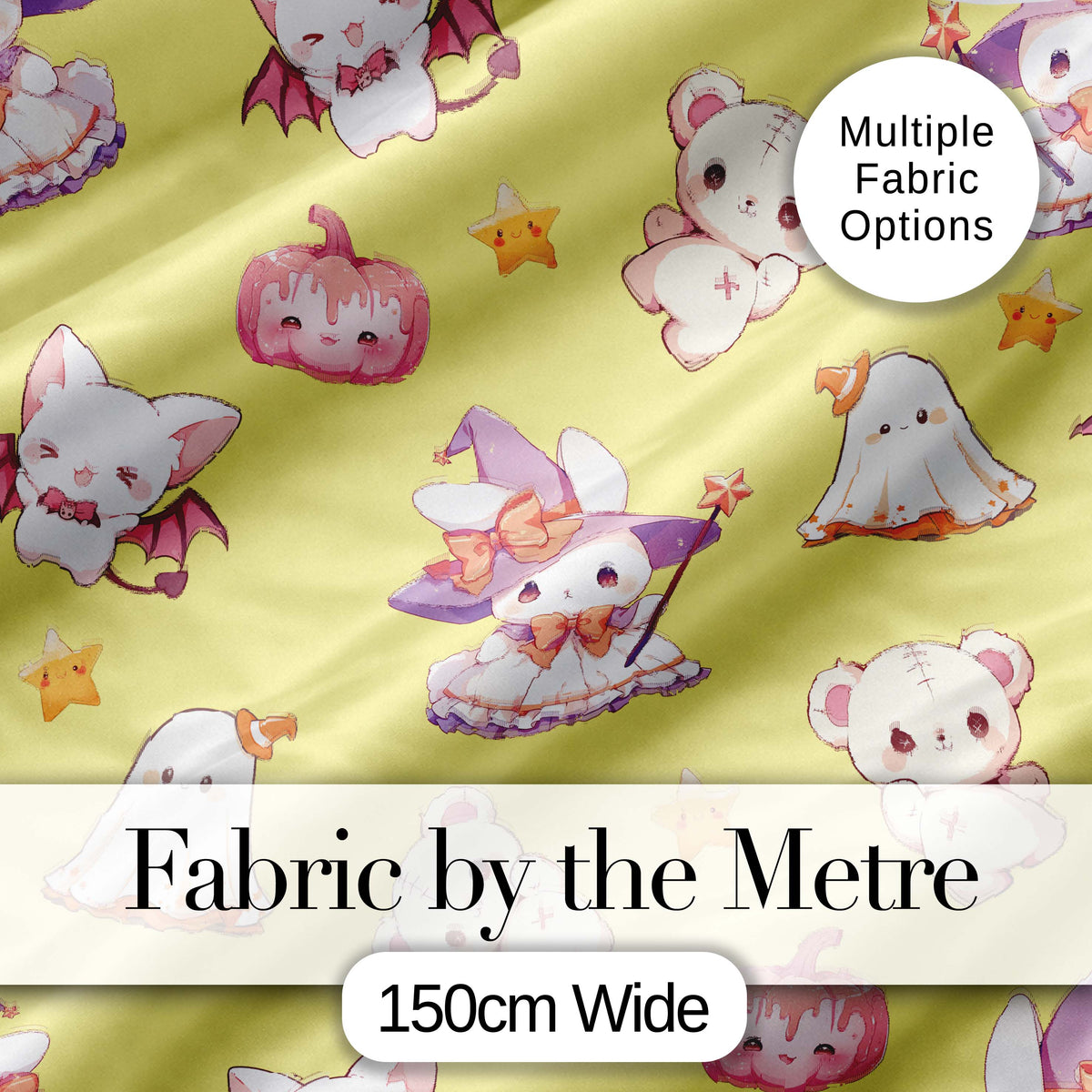 Cute Halloween Bunny Witch  Teddy Pumpkin Seamless Pattern Yellow Background Digital Print Fabric by the Metre UK Sewing Quilting Textile
