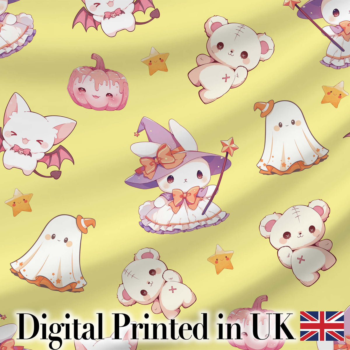 Cute Halloween Bunny Witch  Teddy Pumpkin Seamless Pattern Yellow Background Digital Print Fabric by the Metre UK Sewing Quilting Textile