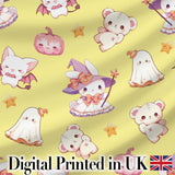 Cute Halloween Bunny Witch  Teddy Pumpkin Seamless Pattern Yellow Background Digital Print Fabric by the Metre UK Sewing Quilting Textile