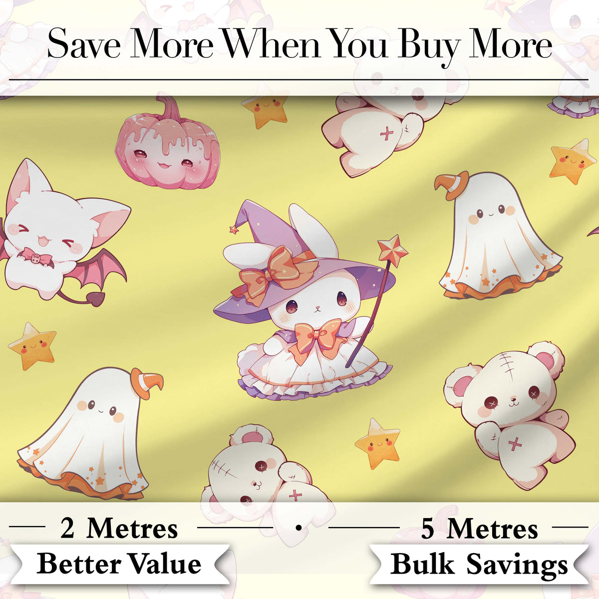 Cute Halloween Bunny Witch  Teddy Pumpkin Seamless Pattern Yellow Background Digital Print Fabric by the Metre UK Sewing Quilting Textile