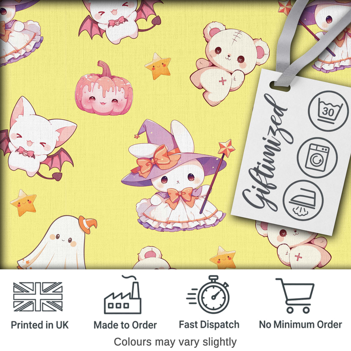 Cute Halloween Bunny Witch  Teddy Pumpkin Seamless Pattern Yellow Background Digital Print Fabric by the Metre UK Sewing Quilting Textile