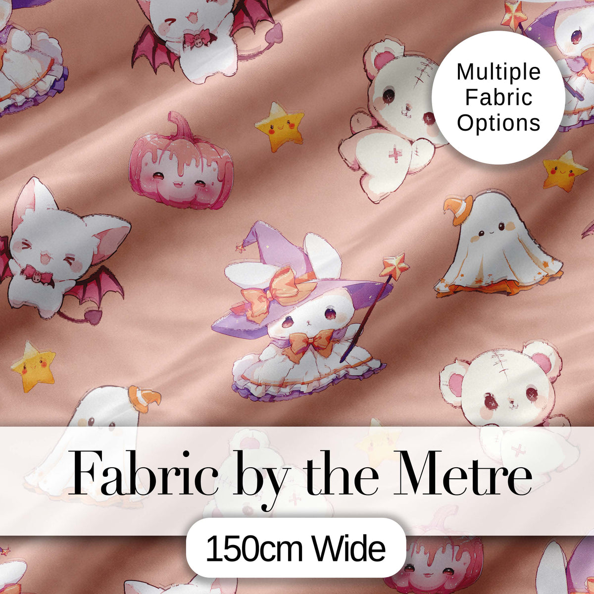 Cute Halloween Bunny Witch  Teddy Pumpkin Seamless Pattern Peach Background Digital Print Fabric by the Metre UK Sewing Quilting Textile