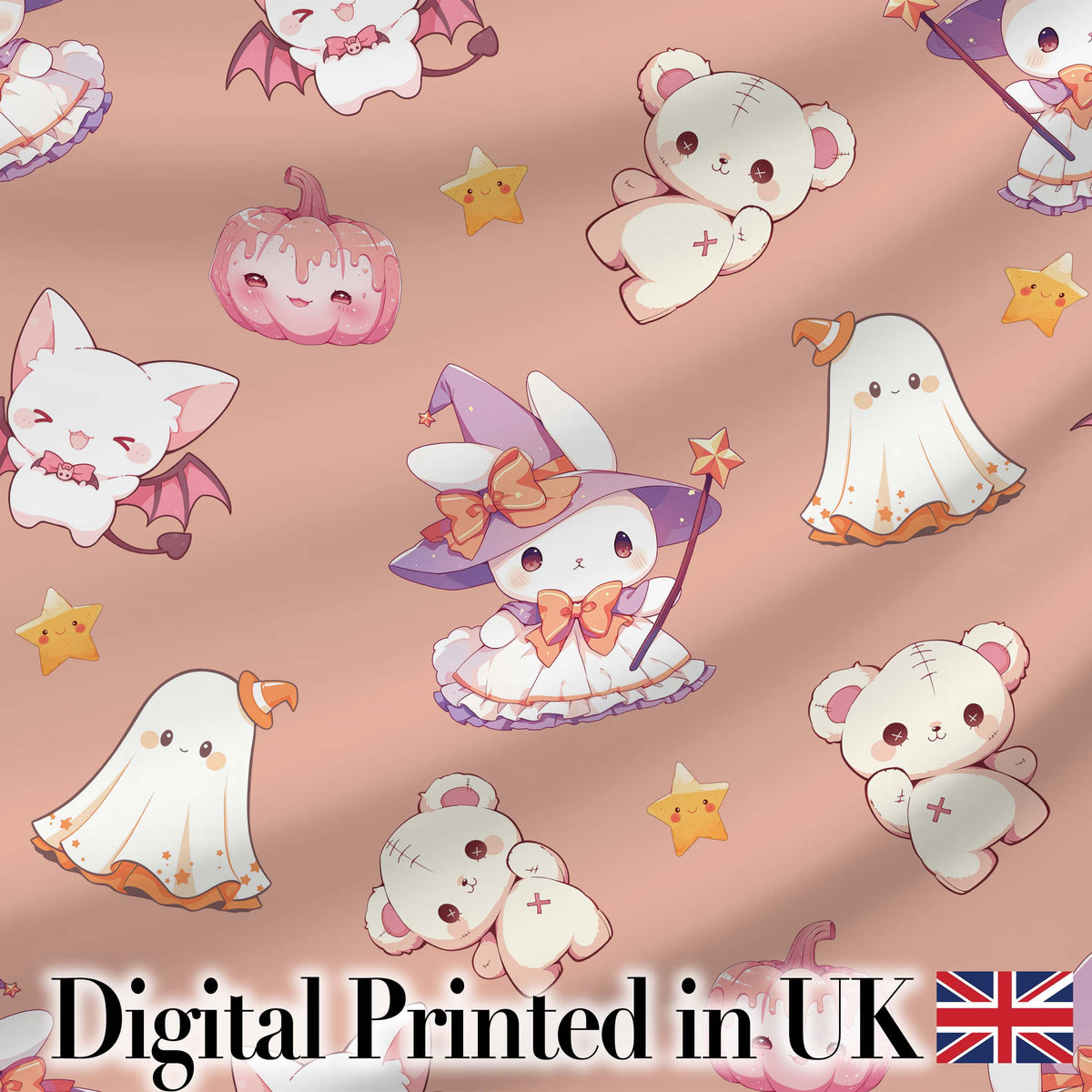Cute Halloween Bunny Witch  Teddy Pumpkin Seamless Pattern Peach Background Digital Print Fabric by the Metre UK Sewing Quilting Textile