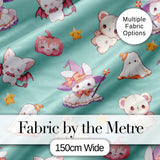 Cute Halloween Bunny Witch Ghost Teddy Pumpkin Seamless Pattern Teal Background Digital Print Fabric by the Metre UK Sewing Quilting Textile