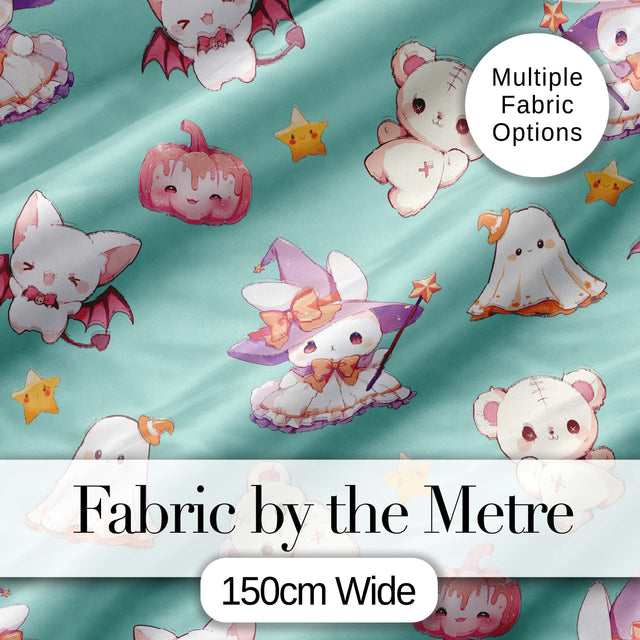 Cute Halloween Bunny Witch Ghost Teddy Pumpkin Seamless Pattern Teal Background Digital Print Fabric by the Metre UK Sewing Quilting Textile