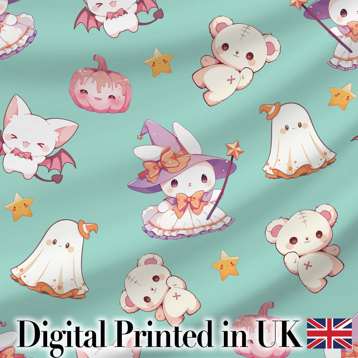 Cute Halloween Bunny Witch Ghost Teddy Pumpkin Seamless Pattern Teal Background Digital Print Fabric by the Metre UK Sewing Quilting Textile