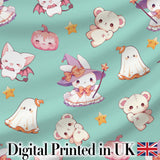Cute Halloween Bunny Witch Ghost Teddy Pumpkin Seamless Pattern Teal Background Digital Print Fabric by the Metre UK Sewing Quilting Textile