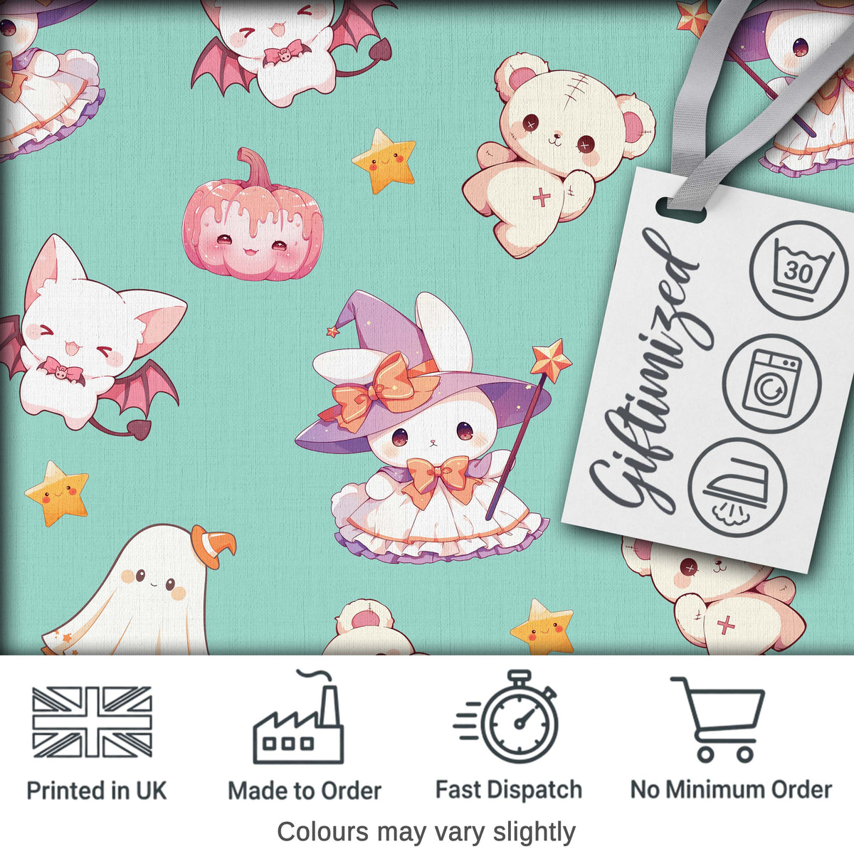Cute Halloween Bunny Witch Ghost Teddy Pumpkin Seamless Pattern Teal Background Digital Print Fabric by the Metre UK Sewing Quilting Textile