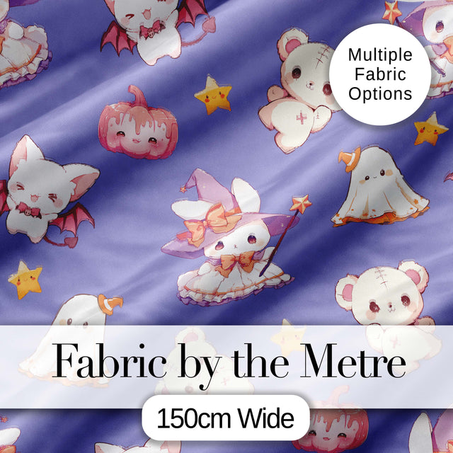 Cute Halloween Bunny Witch  Teddy Pumpkin Seamless Pattern Purple Background Digital Print Fabric by the Metre UK Sewing Quilting Textile