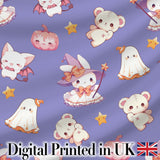 Cute Halloween Bunny Witch  Teddy Pumpkin Seamless Pattern Purple Background Digital Print Fabric by the Metre UK Sewing Quilting Textile