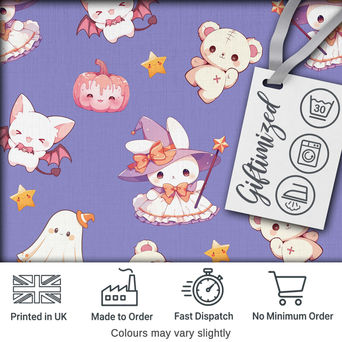 Cute Halloween Bunny Witch  Teddy Pumpkin Seamless Pattern Purple Background Digital Print Fabric by the Metre UK Sewing Quilting Textile