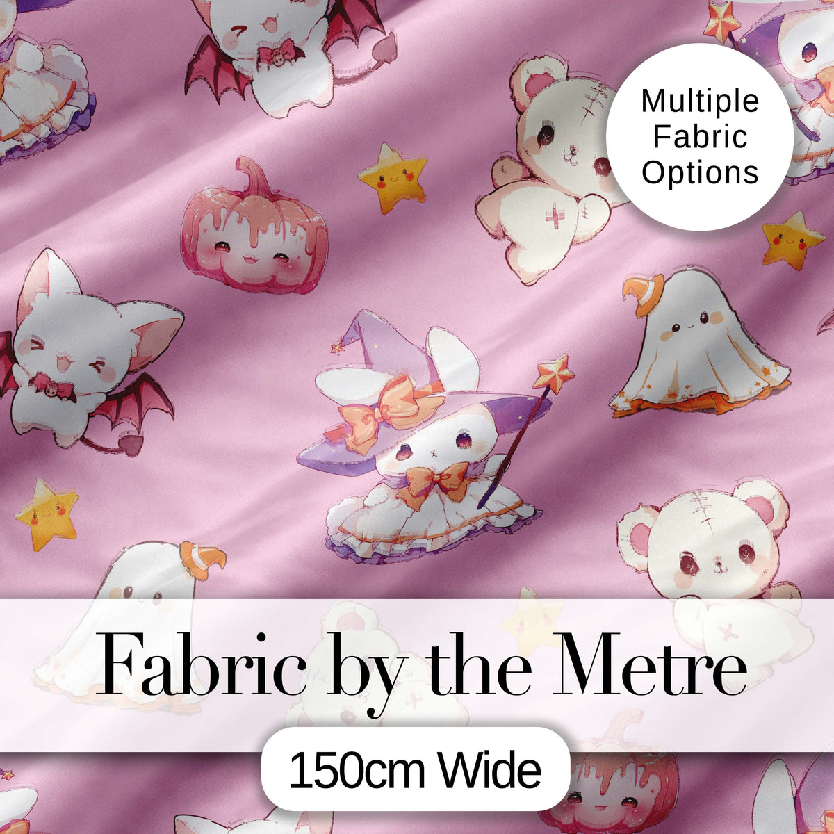 Cute Halloween Bunny Witch Ghost Teddy Pumpkin Seamless Pattern Pink Background Digital Print Fabric by the Metre UK Sewing Quilting Textile