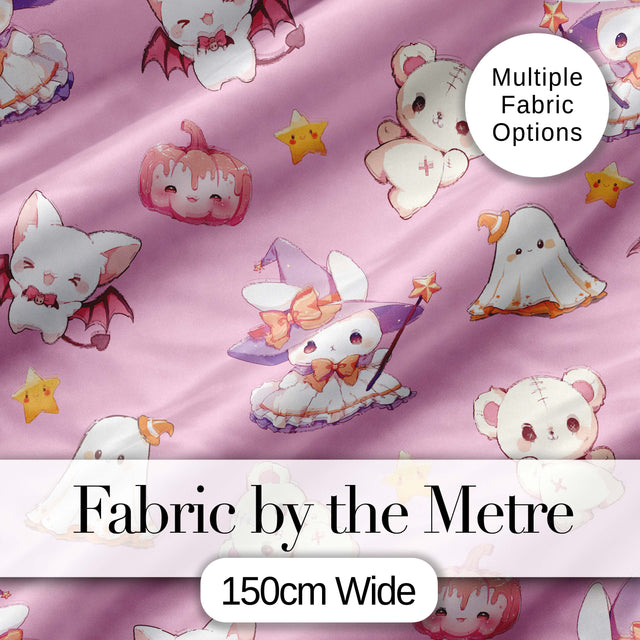 Cute Halloween Bunny Witch Ghost Teddy Pumpkin Seamless Pattern Pink Background Digital Print Fabric by the Metre UK Sewing Quilting Textile