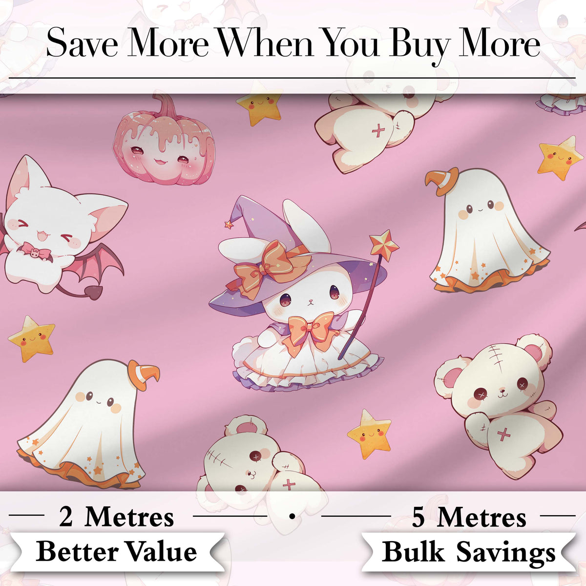 Cute Halloween Bunny Witch Ghost Teddy Pumpkin Seamless Pattern Pink Background Digital Print Fabric by the Metre UK Sewing Quilting Textile