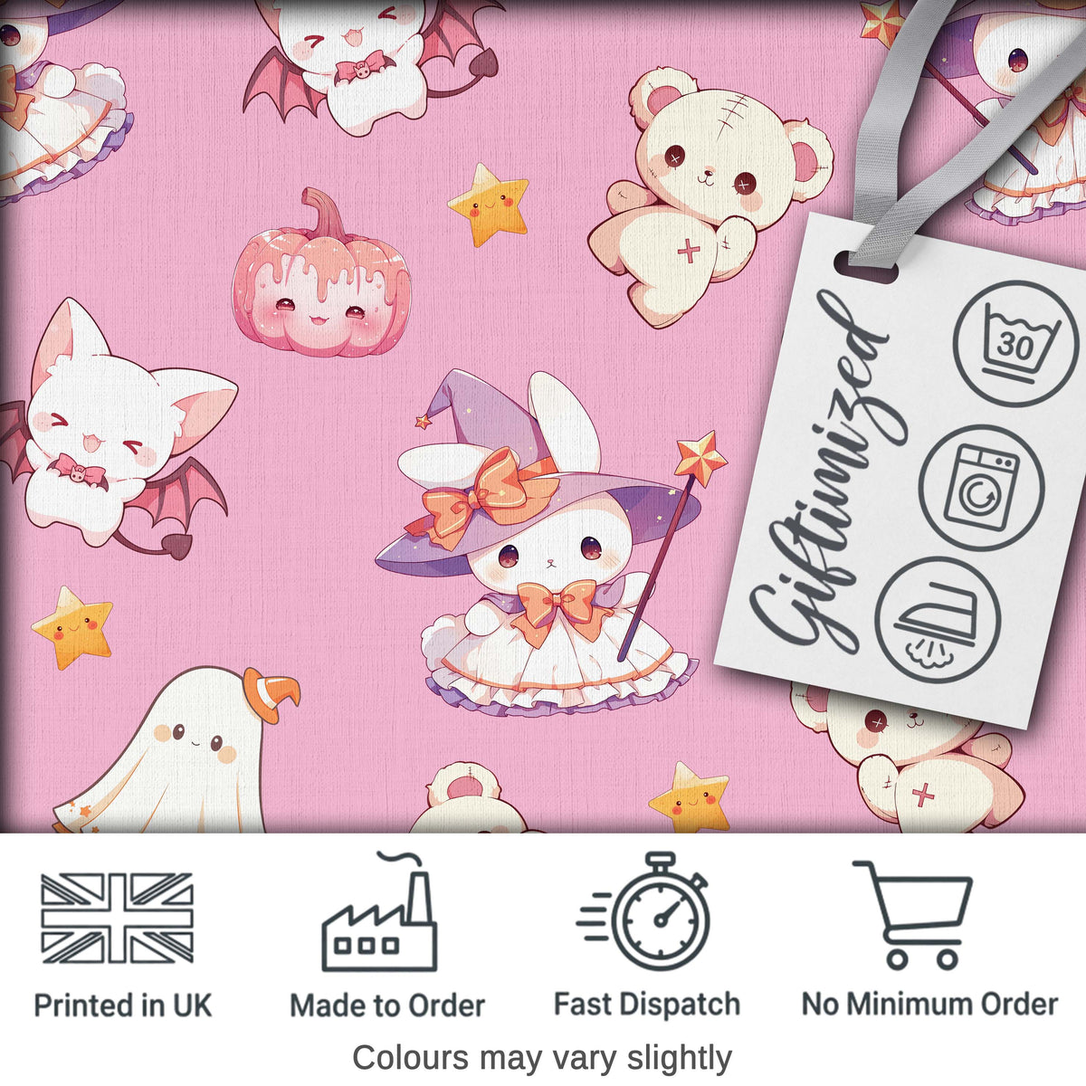 Cute Halloween Bunny Witch Ghost Teddy Pumpkin Seamless Pattern Pink Background Digital Print Fabric by the Metre UK Sewing Quilting Textile