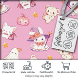 Cute Halloween Bunny Witch Ghost Teddy Pumpkin Seamless Pattern Pink Background Digital Print Fabric by the Metre UK Sewing Quilting Textile