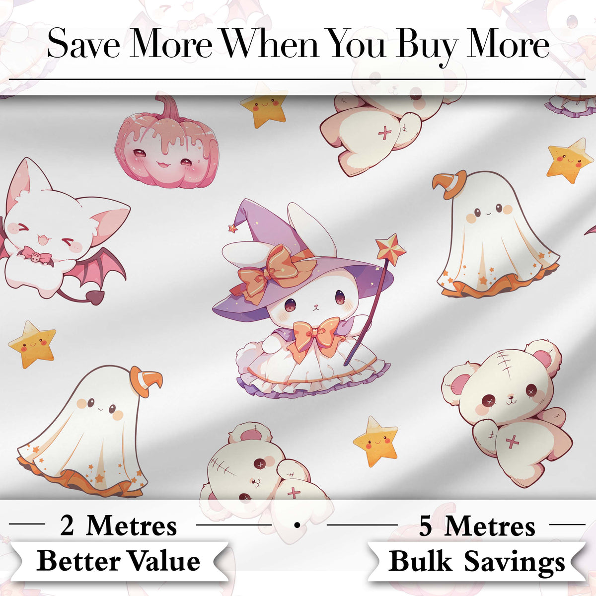 Cute Halloween Bunny Witch  Teddy Pumpkin Seamless Pattern White Background Digital Print Fabric by the Metre UK Sewing Quilting Textile