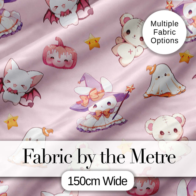Cute Halloween Bunny Witch  Teddy Pumpkin Seamless Pattern Blush Background Digital Print Fabric by the Metre UK Sewing Quilting Textile