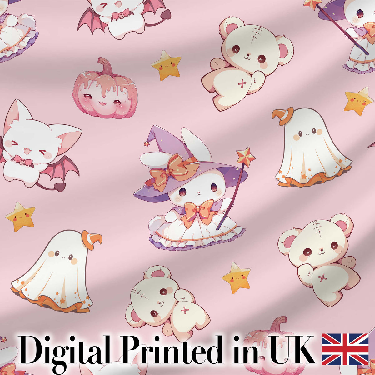 Cute Halloween Bunny Witch  Teddy Pumpkin Seamless Pattern Blush Background Digital Print Fabric by the Metre UK Sewing Quilting Textile