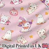 Cute Halloween Bunny Witch  Teddy Pumpkin Seamless Pattern Blush Background Digital Print Fabric by the Metre UK Sewing Quilting Textile