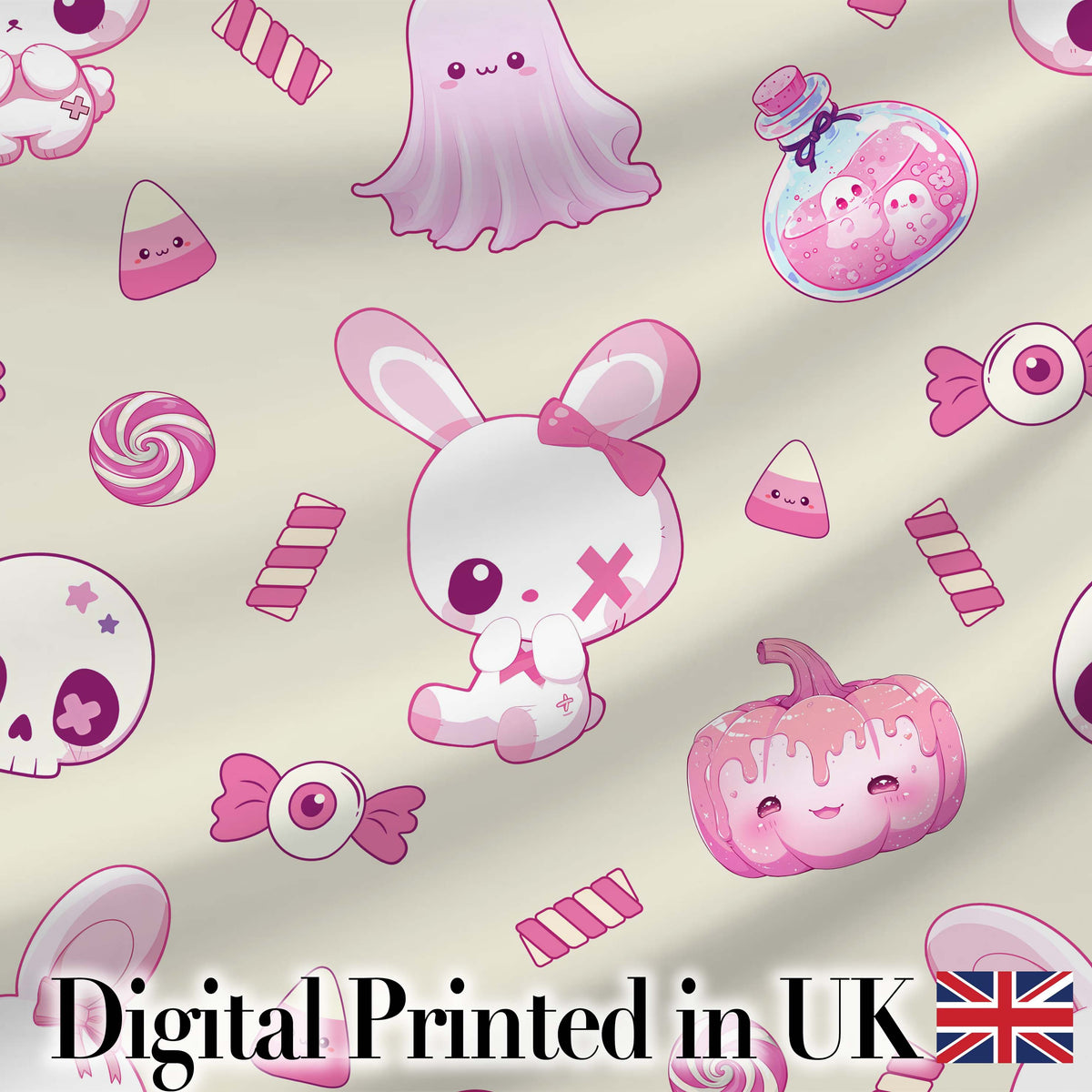 Cute Cute Halloween Bunny Candy Ghost Pumpkin Seamless Pattern Beige Background Digital Print Fabric by the Metre UK Sewing Quilting Textile