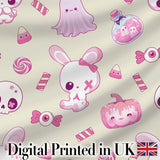 Cute Cute Halloween Bunny Candy Ghost Pumpkin Seamless Pattern Beige Background Digital Print Fabric by the Metre UK Sewing Quilting Textile
