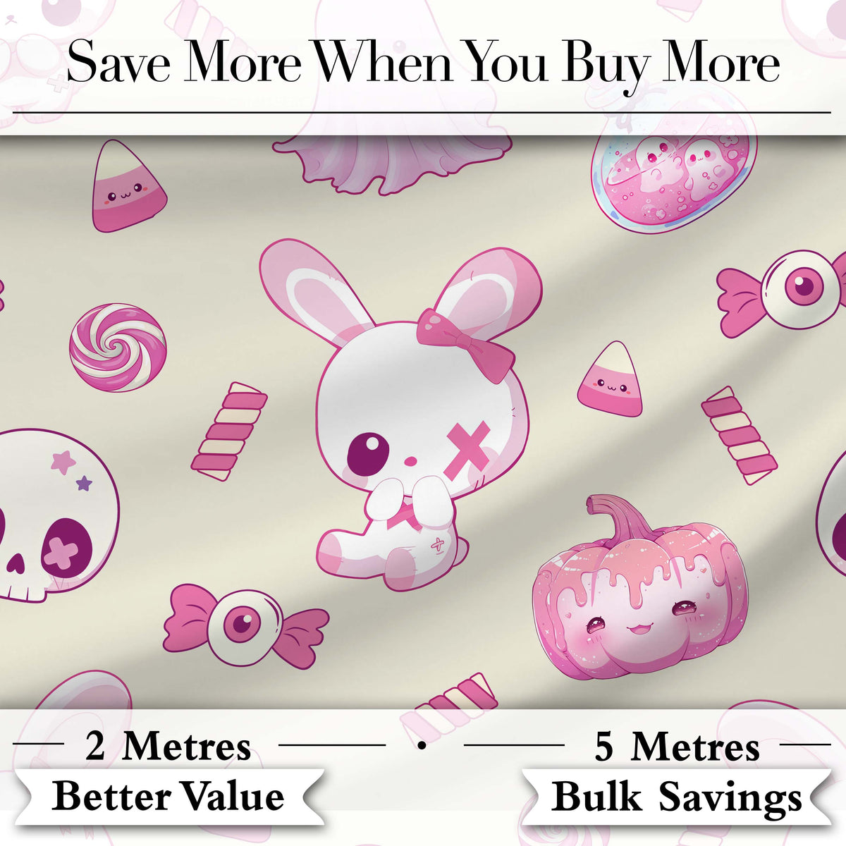 Cute Cute Halloween Bunny Candy Ghost Pumpkin Seamless Pattern Beige Background Digital Print Fabric by the Metre UK Sewing Quilting Textile