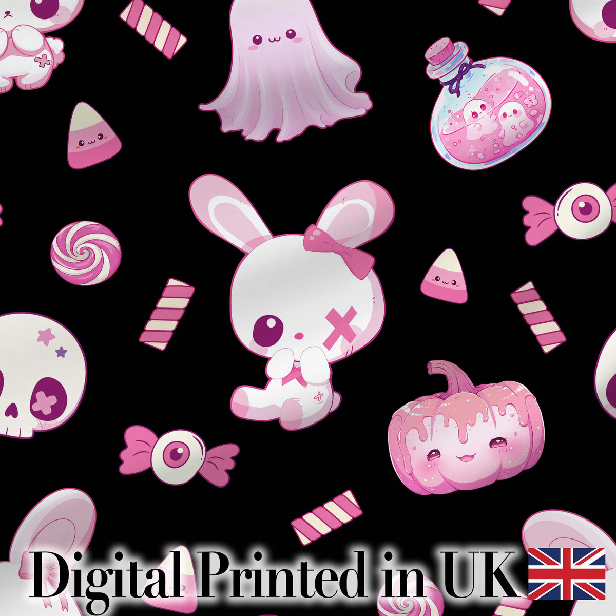 Kawaii Halloween Bunny Ghost Candy Pumpkin Seamless Pattern Black Background Digital Print Fabric by the Metre UK Sewing Quilting Textile