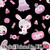 Kawaii Halloween Bunny Ghost Candy Pumpkin Seamless Pattern Black Background Digital Print Fabric by the Metre UK Sewing Quilting Textile