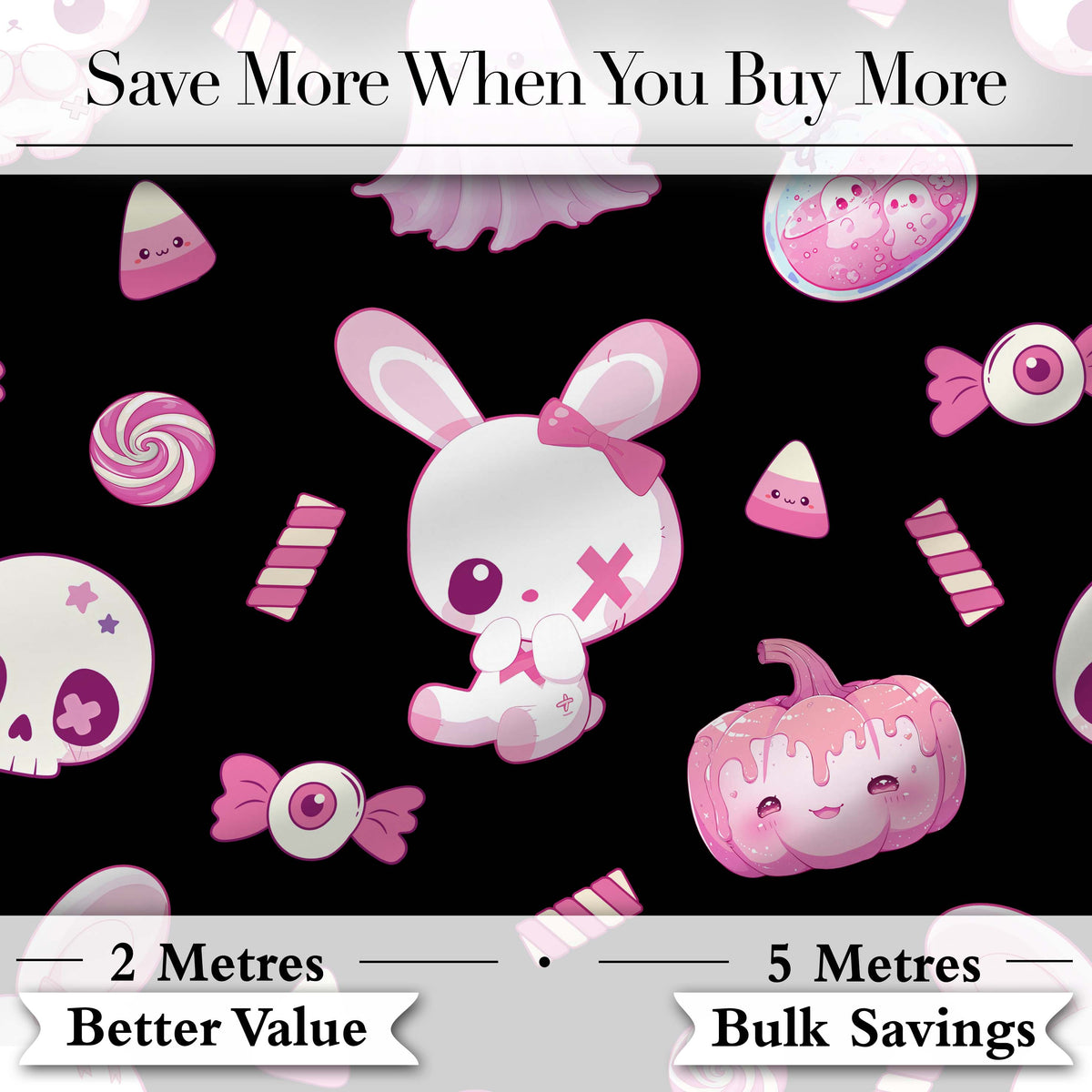 Kawaii Halloween Bunny Ghost Candy Pumpkin Seamless Pattern Black Background Digital Print Fabric by the Metre UK Sewing Quilting Textile
