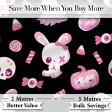 Kawaii Halloween Bunny Ghost Candy Pumpkin Seamless Pattern Black Background Digital Print Fabric by the Metre UK Sewing Quilting Textile