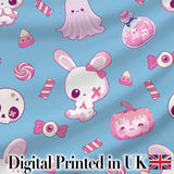 Kawaii Halloween Bunny Ghost Candy Pumpkin Seamless Pattern Blue Background Digital Print Fabric by the Metre UK Sewing Quilting Textile